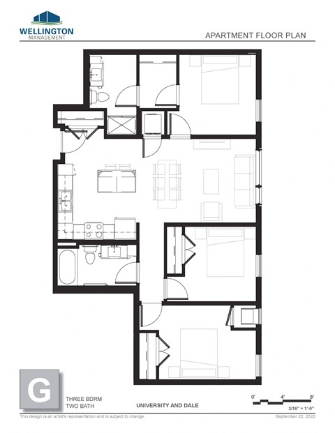 Floor plan for 3 beds, 2 baths, 1069 sqft